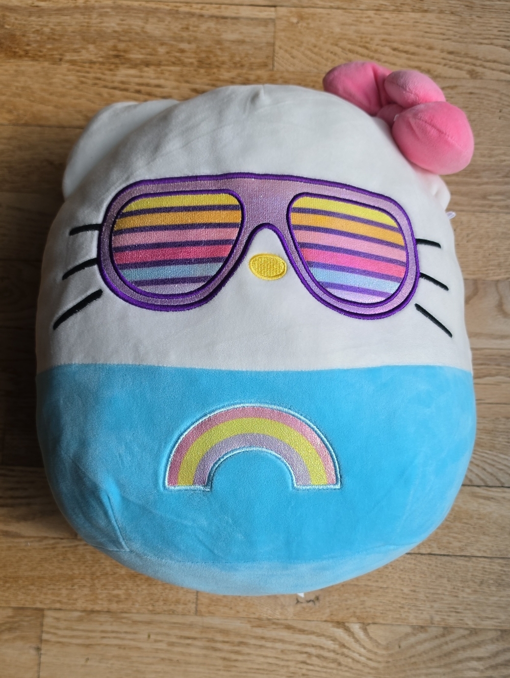 Squishmallow Hello Kitty White, Blue & Pink Plush Pillow with Rainbow Sunglasses
